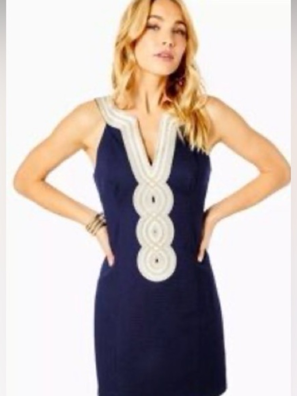 Lilly Pulitzer Navy Sheath Dress with Gold Embellished V-Placket